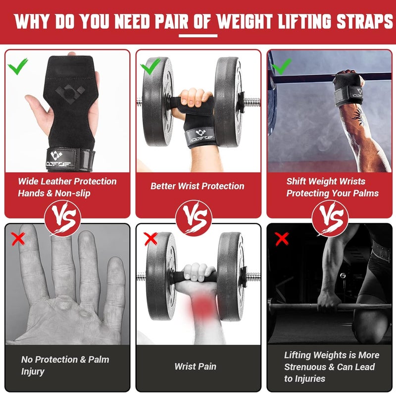 COFOF Weight Lifting Wrist Strap, Double Layer Leather Wrist Strap for Deadlift and Powerlifting, Adjustable Neoprene Padded Gym Workout Lifting Hooks (Pair) - Image 3